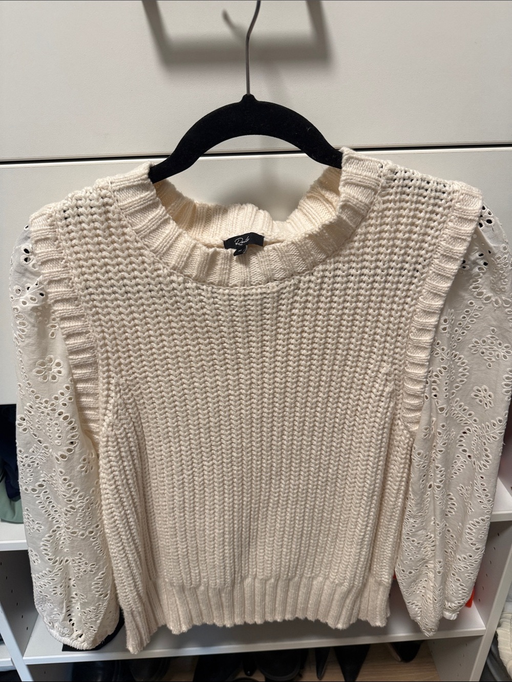 Rails Cream Eyelet Puff-Sleeve Crew Sweater